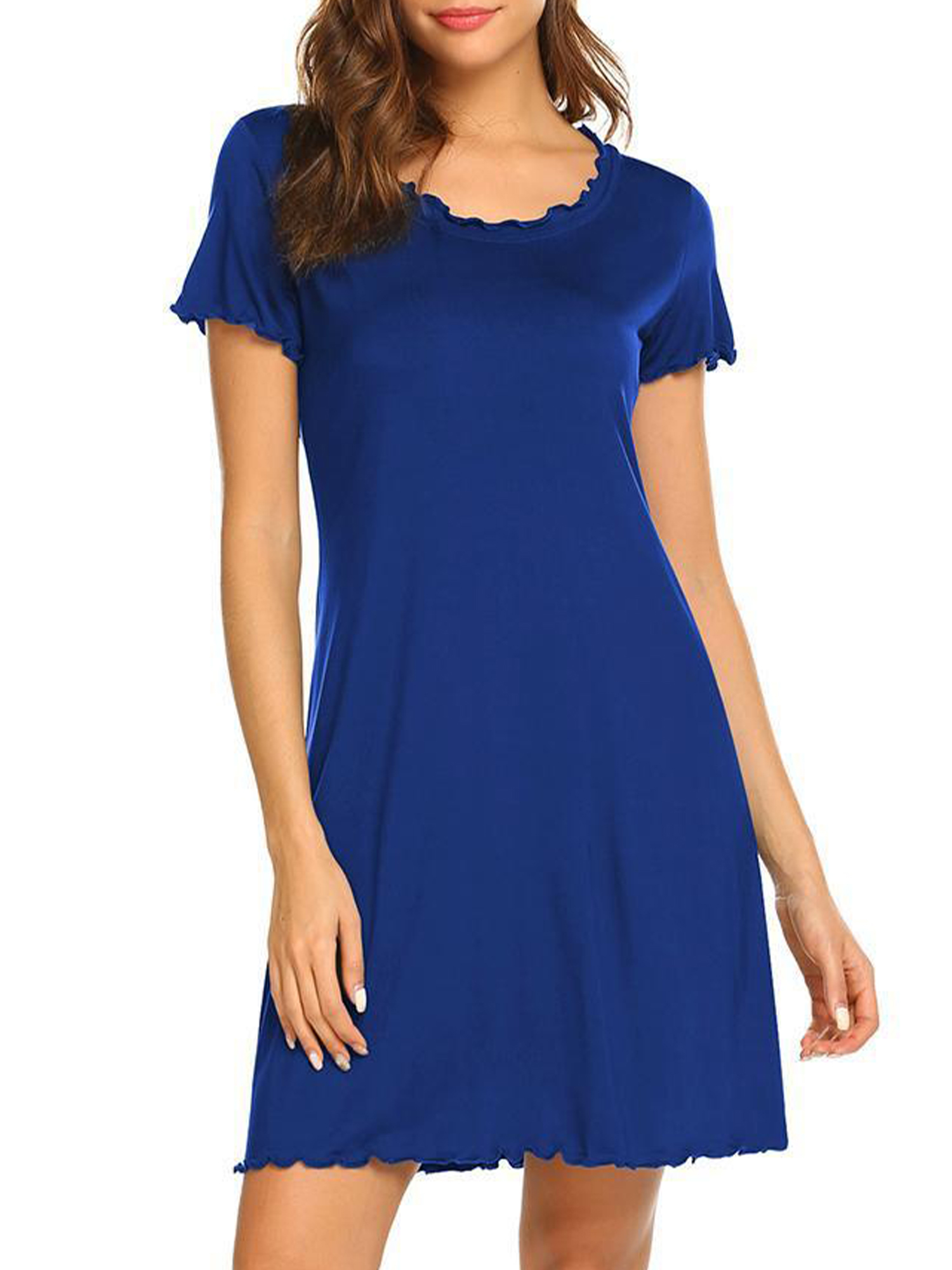 Frontwalk Women Nightgowns Solid Color Sleepshirt Crew Neck Sleep Dress
