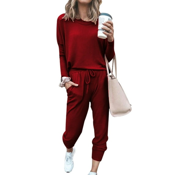 Frontwalk Women Nightwear Drawstring Loungewear Pjs Sleepwear Ladies Loose Lounge Set Elastic Waist Pajamas Sets Wine Red XL