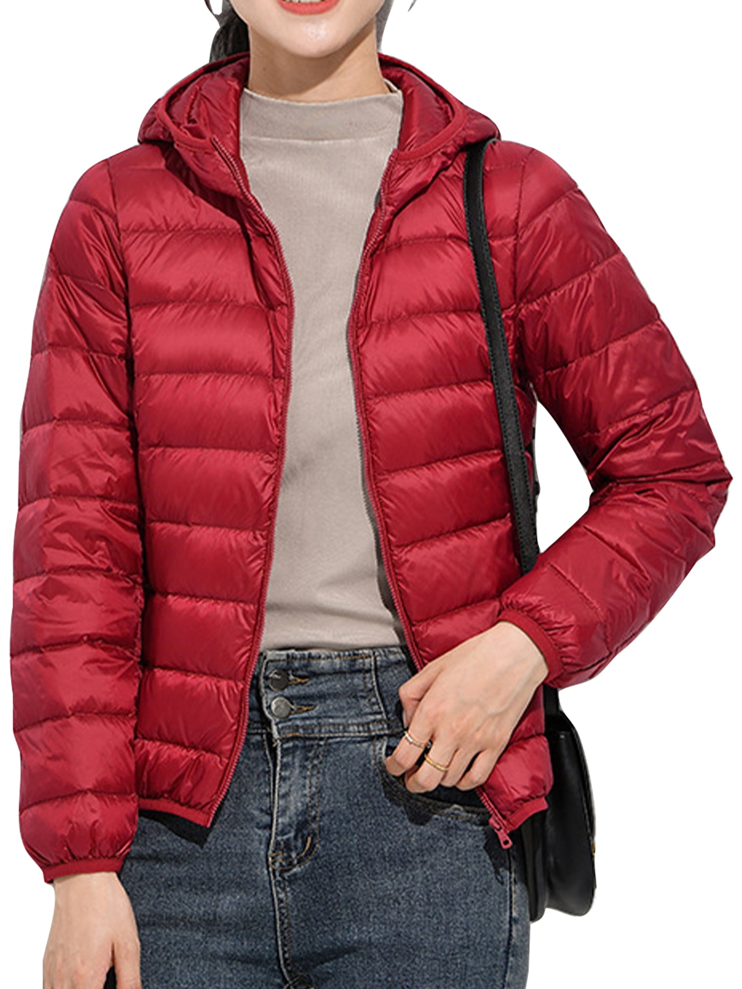 Frontwalk Women Outwear Hooded Coat Pocket Puffer Jacket Outdoor Water Resistant Down Jackets Full Zip Wine Red XL