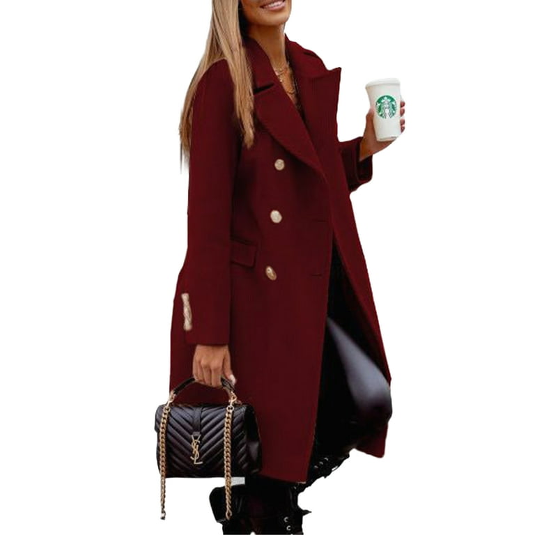 Frontwalk Women Overcoats Double Breasted Wool Pea Coat Long Sleeve Trench Coats Winter Warm Cardigans Solid Color Outwear Wine Red M