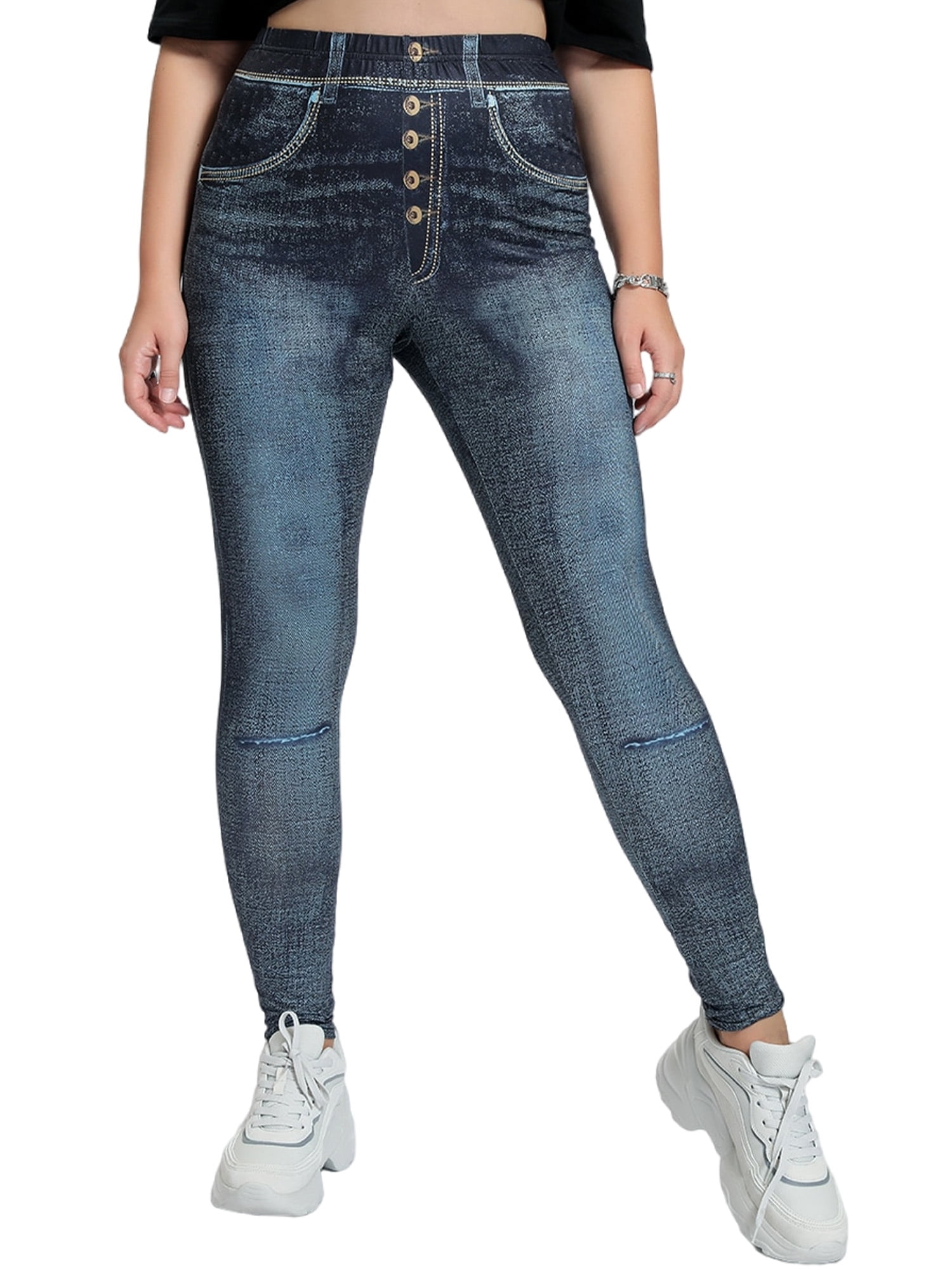 Frontwalk Plus Size Fake Jeans Pants For Women Denim Leggings High