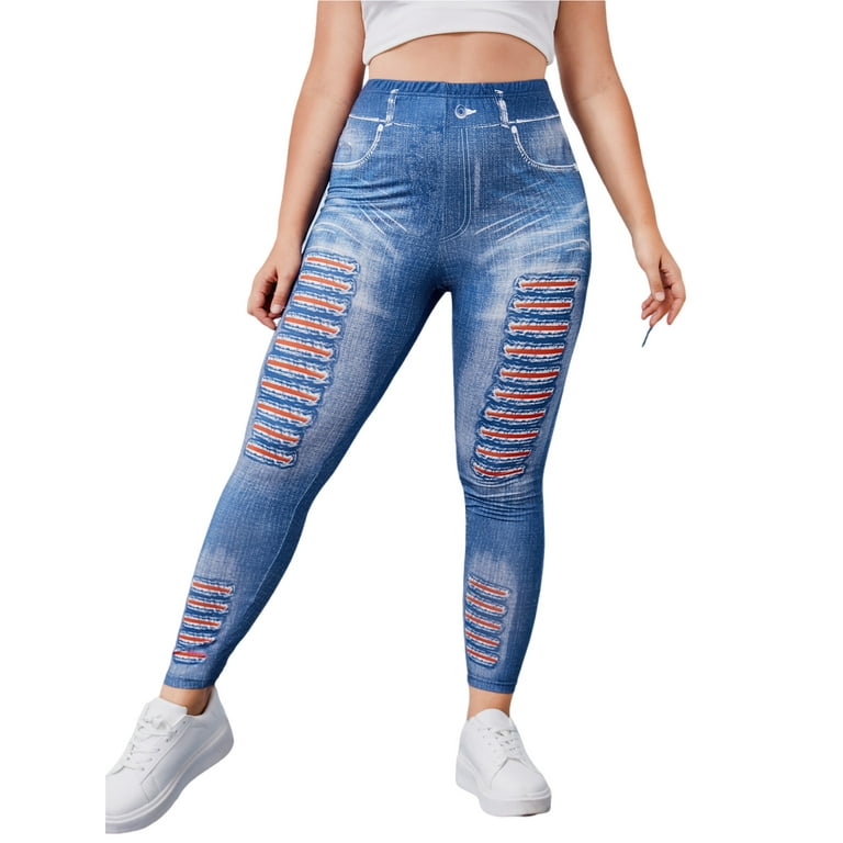 Frontwalk Jean Leggings for Women Printed Denim High Waisted Yoga