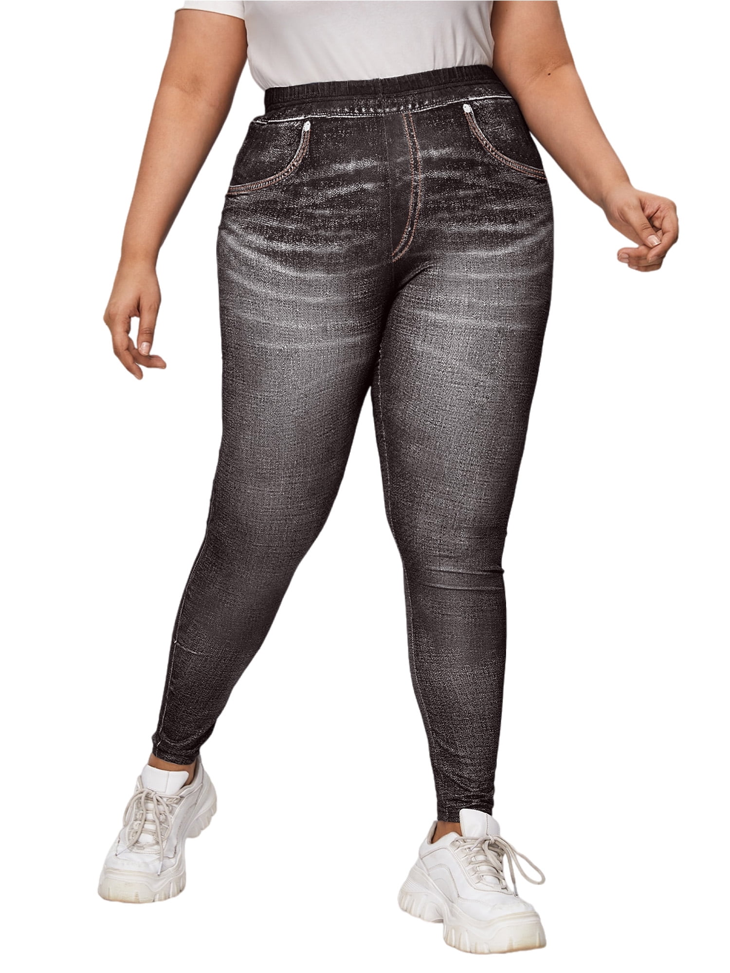 Frontwalk Plus Size Leggings for Women High Waist Printed Denim Stretch  Faux Jeans Look Print Jeggings with Pockets Blue 2XL
