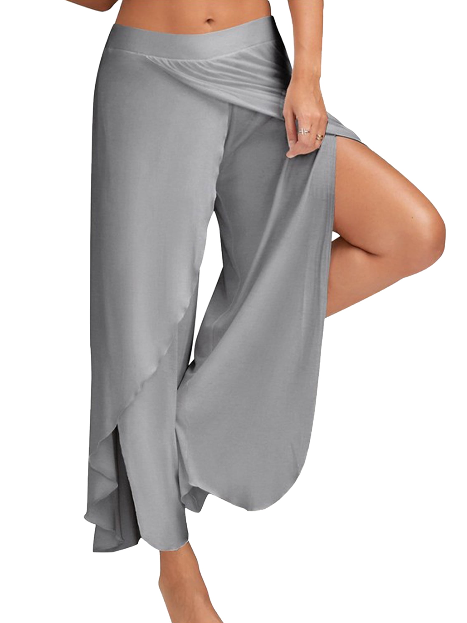 Frontwalk Women Palazzo Pant High Waist Yoga Pants Wide Leg Trousers Sport  Casual Bottoms Solid Color Light Gray XXL 