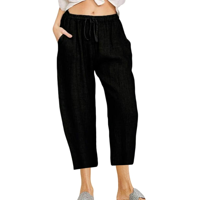  Women Capri Pants Casual Drawstring Elastic High Waist Baggy  Wide Leg Cropped Pants Trousers For Ladies SummerS-3XL Black