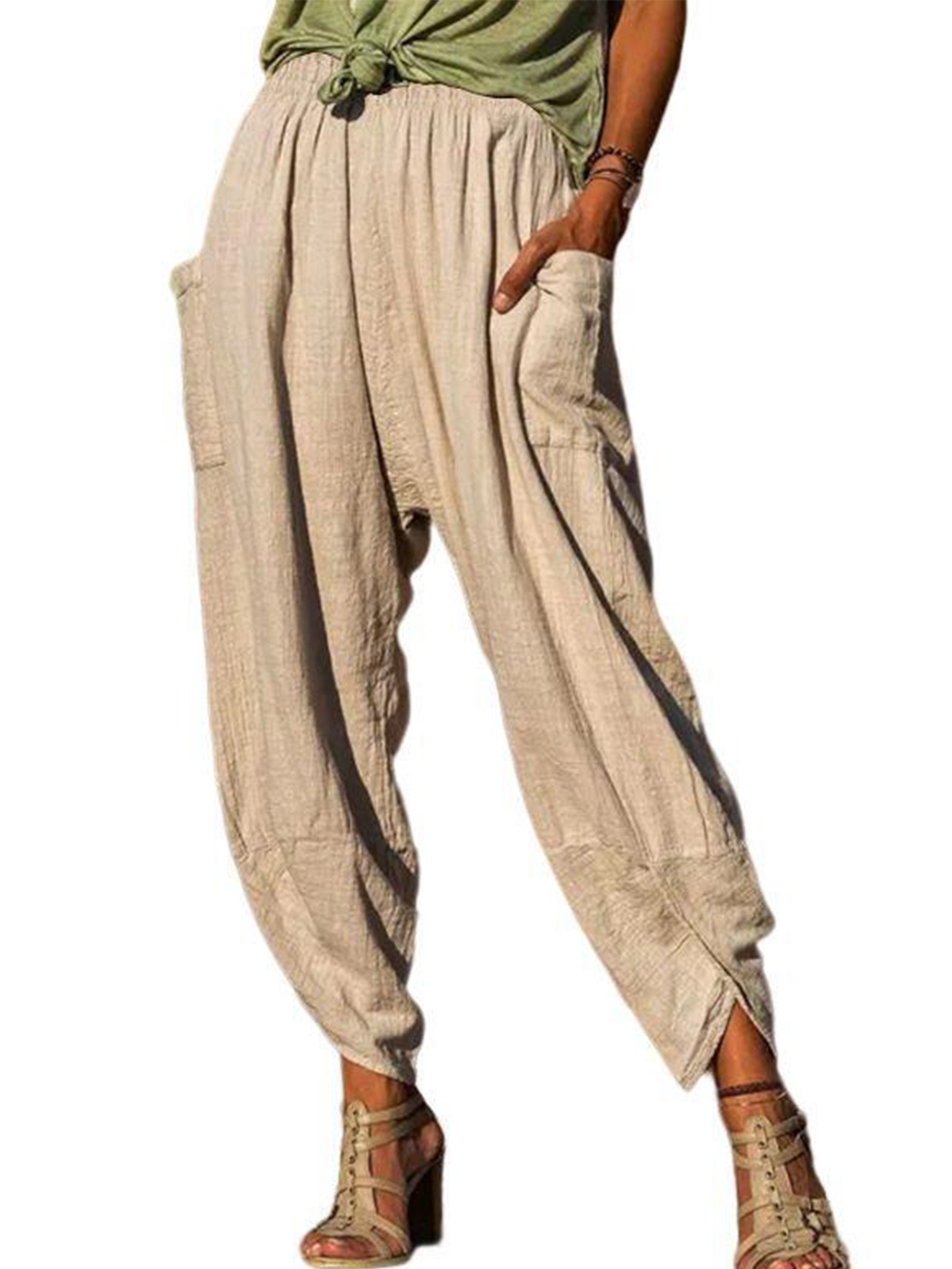 Frontwalk Women Pants High Waist Harem Pant Elastic Bottoms Ladies Loose Fit Trousers Wide Leg