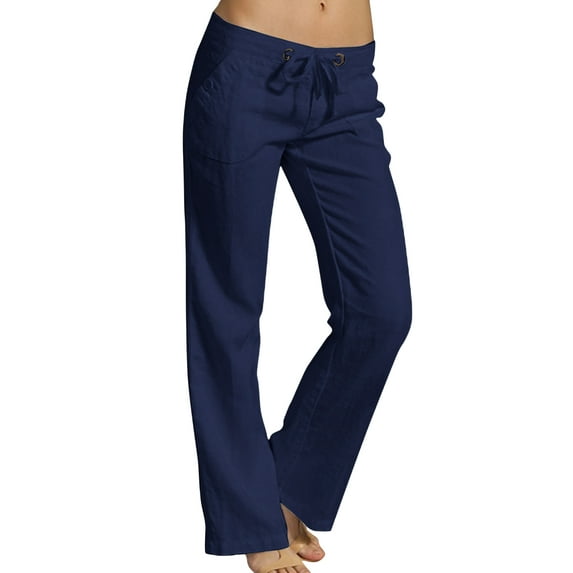 Frontwalk Women Pants Straight Leg Lounge Pant Solid Color Bottoms Ladies Loose Fit Trousers Mid Waist Navy Blue S