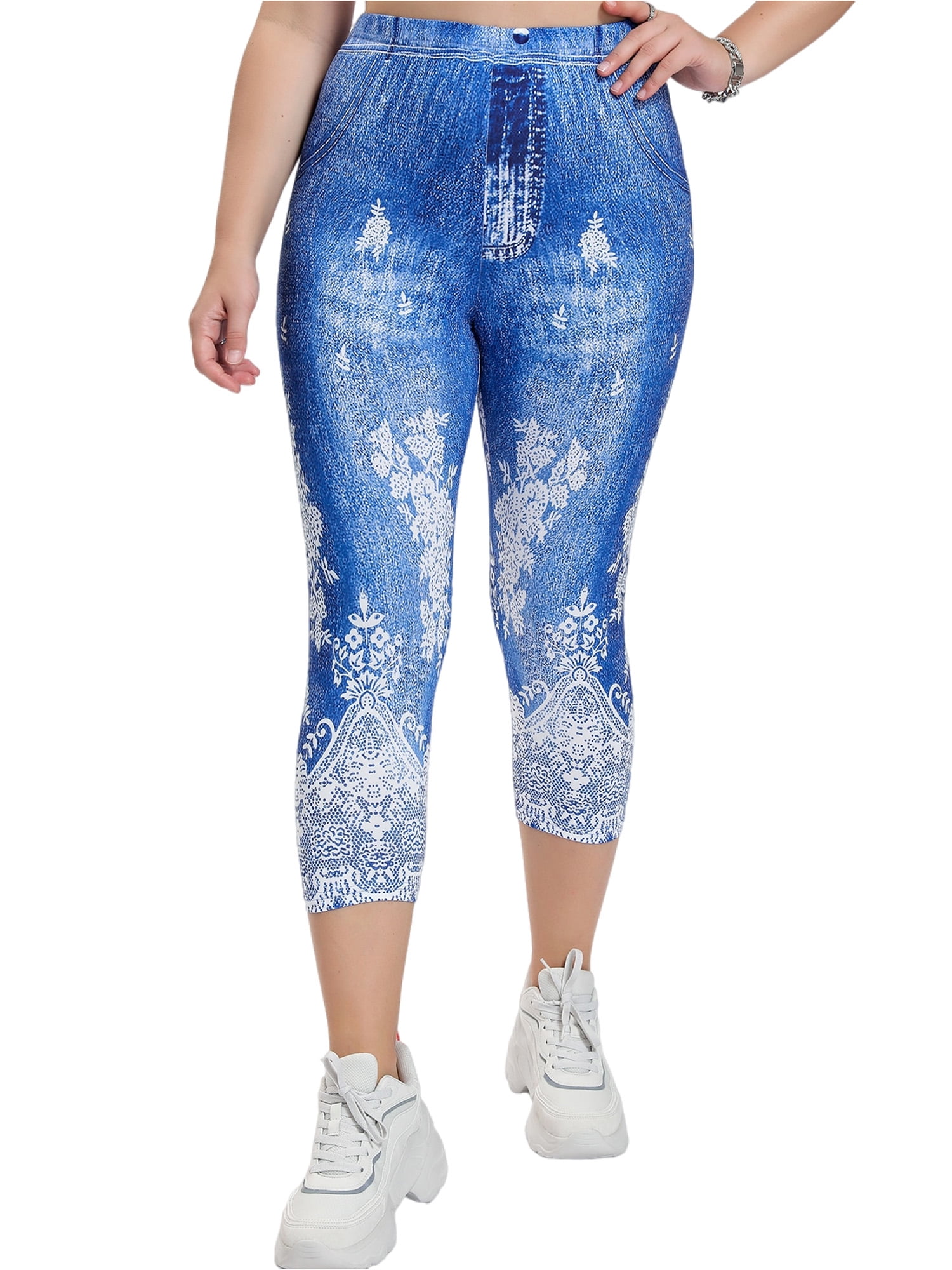 Frontwalk Women Plus Size Leggings Capri Pants Tummy Control Faux Denim  Capris Fake Jeans High Rise Jeggings Blue 4XL