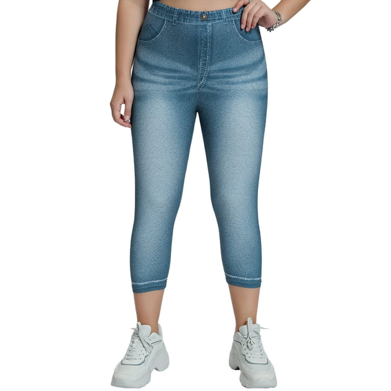 Frontwalk Women Plus Size Leggings Capri Pants Tummy Control Faux Denim  Capris Fake Jeans High Rise Jeggings Black B 0XL