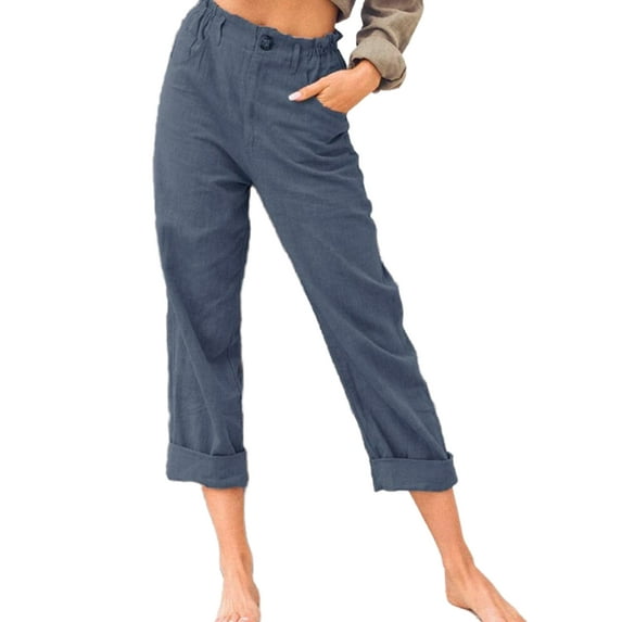 Frontwalk Women Plus Size Tapered Pants Cotton Linen Pants Elastic Waist Drawstring Casual Trousers with Pockets Size S-5XL