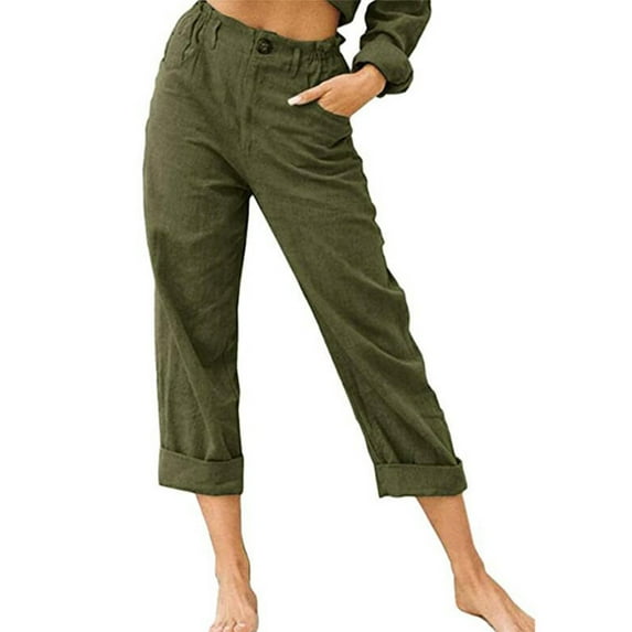 Frontwalk Women Plus Size Tapered Pants Cotton Linen Pants Elastic Waist Drawstring Casual Trousers with Pockets Size S-5XL