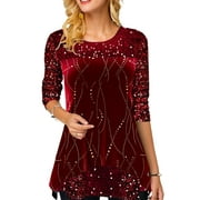Frontwalk Women Plus Size Tops T-Shirt Sequins Crew Neck Long Sleeve Shirt Loose Tunic Pullover Blouse S-5XL