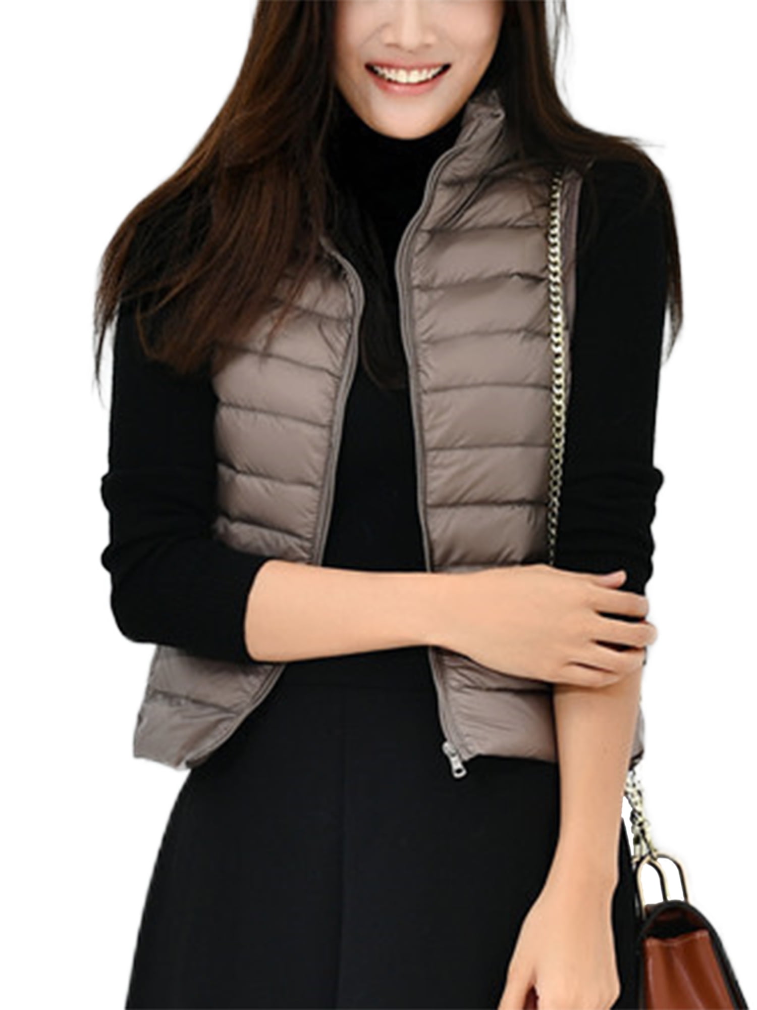 Women Khaki Casual Stand Collar Thick Winter Sleeveless Puffer Vest
