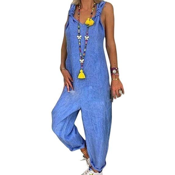 Frontwalk Women Romper Wide Leg Long Pants Sleeveless Jumpsuits Beach Casual Trousers V Neck Harem Pant Denim Blue XL