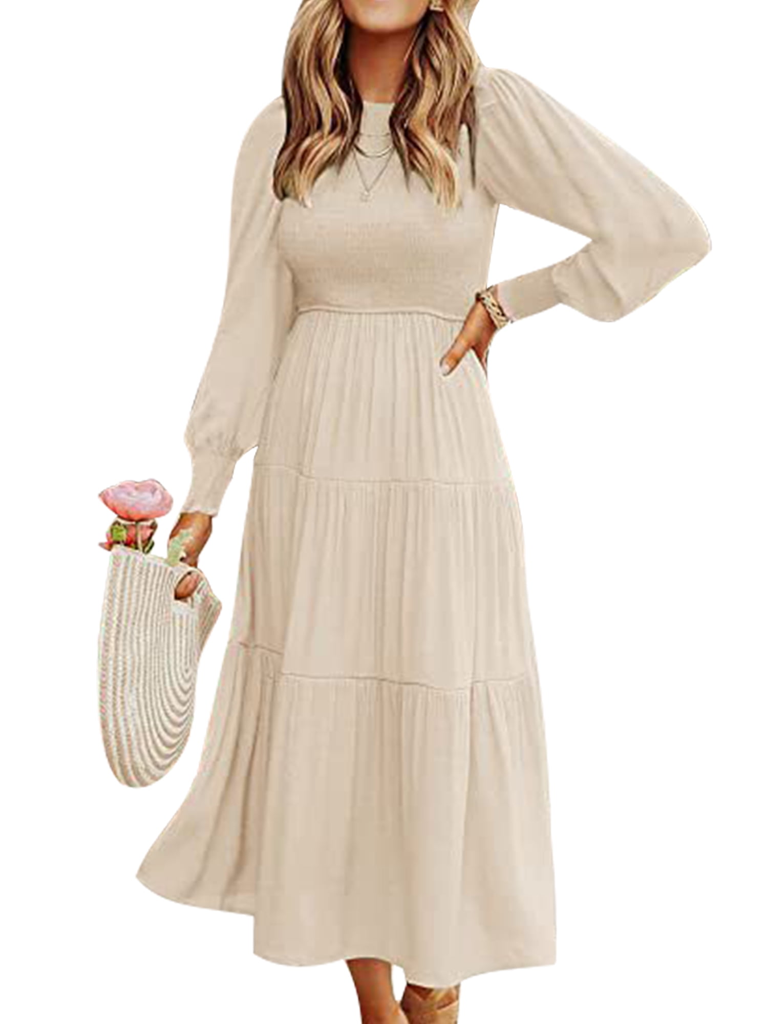 Frontwalk Women Sexy Long Sleeve Maxi Dresses Crew Neck Loose A Line Dress  Ladies Solid Color Holiday Beige L - Walmart.com