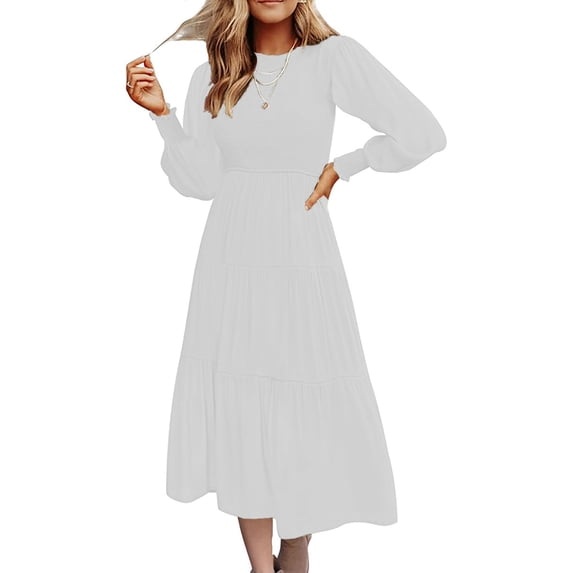 Frontwalk Women Sexy Long Sleeve Maxi Dresses Crew Neck Loose A Line Dress Ladies Solid Color Holiday White S