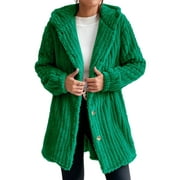 Frontwalk Women Sherpa Coats Long Sleeve Hooded Cardigan Button Up Fleece Fuzzy Jackets Ladies Warm Plush Hoodies Coat Solid Color Outerwear Green L