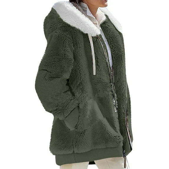 Frontwalk Women Sherpa Hoodie Coats Fuzzy Fleece Jacket Zip Up Long Sleeve Outerwear Coat With Pockets Army Green S