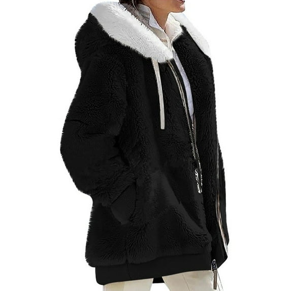 Frontwalk Women Sherpa Hoodie Coats Fuzzy Fleece Jacket Zip Up Long Sleeve Outerwear Coat With Pockets Black L