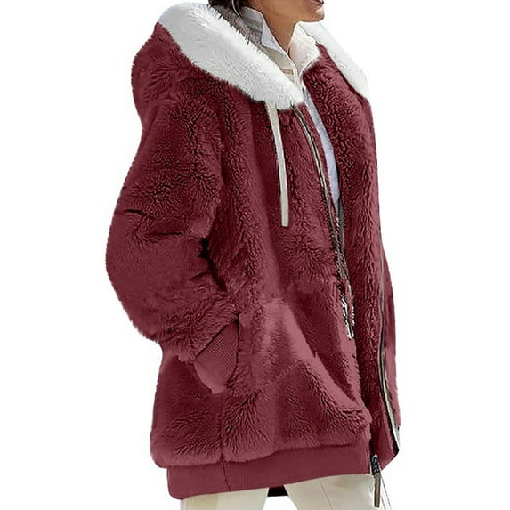 Frontwalk Women Sherpa Hoodie Coats Fuzzy Fleece Jacket Zip Up Long Sleeve Outerwear Coat With Pockets Red M