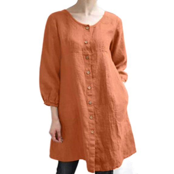 Frontwalk Women Shirts Button Up Blouse 3/4 Sleeve Tops Office Single Breasted Tunic Shirt Crew Neck Orange 2XL