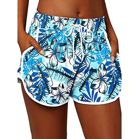 Frontwalk Women Short Hot Pants Bermuda Bottoms Leopard Print Mini Pant Lounge Loose Summer Beach Shorts Drawstring Elastic Waist Light Blue L