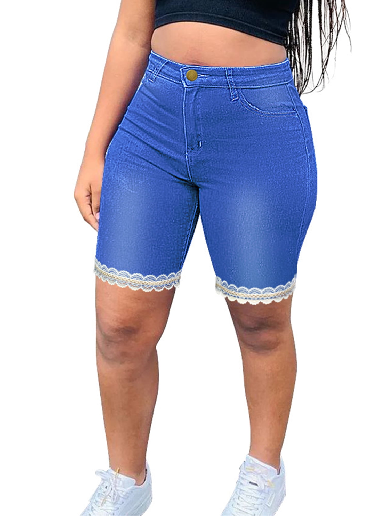 Frontwalk Women Slim Fit Pocket Jeans Shorts Plus Size Bermuda Lace Trim Short Denim Pants Solid