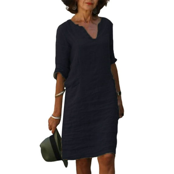 Frontwalk Women Solid Color Dresses V Neck Shirt Dress Half Sleeve Sundresses Ladies Casual Loose Tunic Cotton Linen Sundress S-3XL