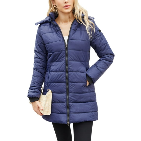 Frontwalk Women Solid Color Puffer Jacket Casual Hooded Down Coats Winter Fall Warmth Water-Resistant Long Sleeve Outwear Dark Blue L
