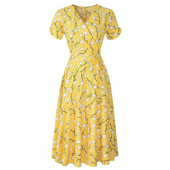 Frontwalk T-shirts Sundress for Womens Floral V Neck Boho Dress Pleated Casual Loose Swing Dress