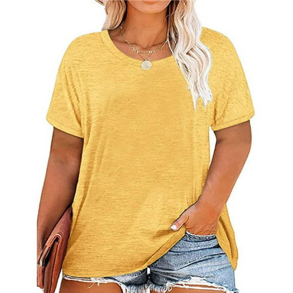 Frontwalk Women Summer T Shirts Short Sleeve Plus Size Tops Basic T-shirt Ladies Lounge Tee Oversized Tunic Yellow 4XL