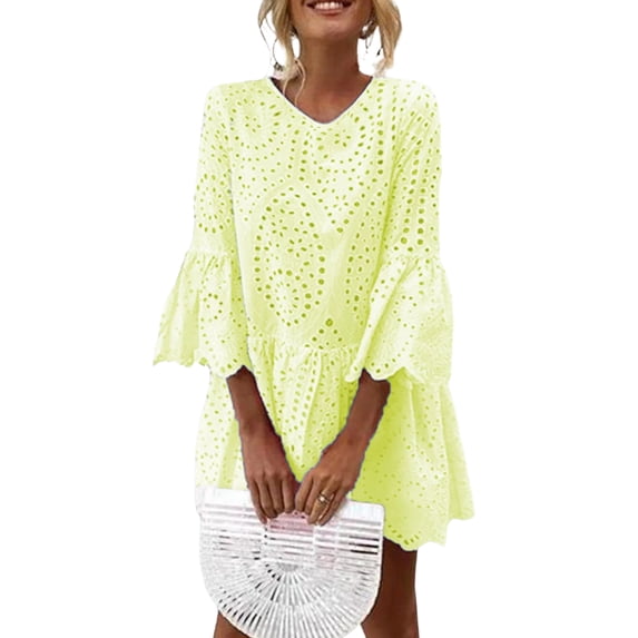 Frontwalk Women Sundress Swing T Shirt Dress Summer Short Mini Dresses Ladies Loose Flare Sleeve Yellow S