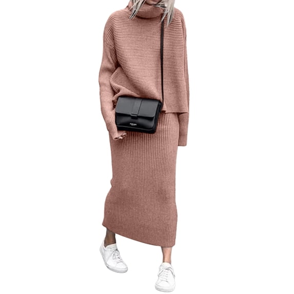 Frontwalk Women Sweaters Dress Sets Solid Color Sweater Top And Skirt Set Knitted 2 Piece Outfits Fall Bodycon Turtle Neck Pink S