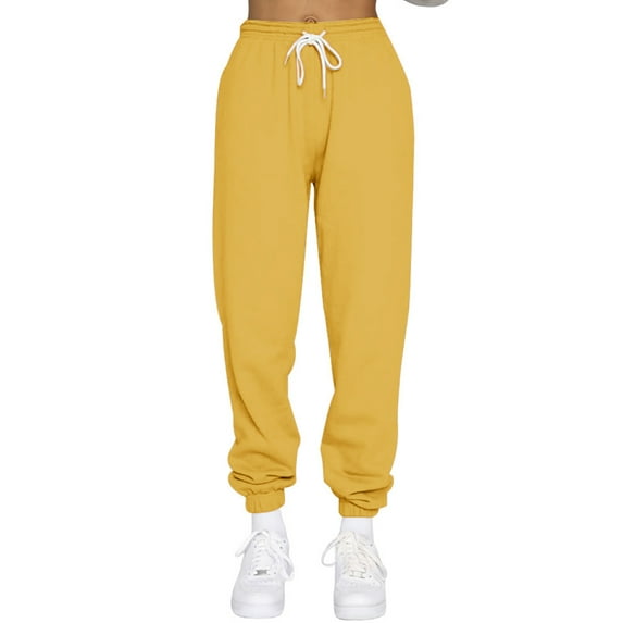 Frontwalk Women Sweatpants High Waisted Bottoms Solid Color Sports Pants Ladies Comfy Trousers Tapered Leg Yellow S