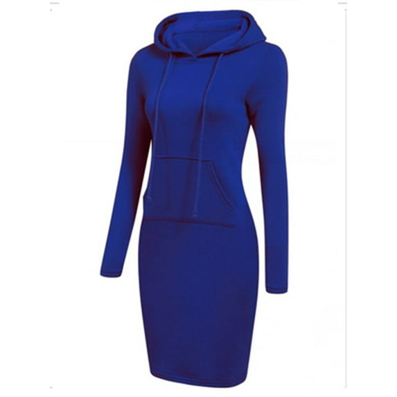 Frontwalk Women Sweatshirt Dress Long Sleeve Hooded Dresses Solid Color Pullover Hoodie Travel Slim Fit Drawstring Blue XL