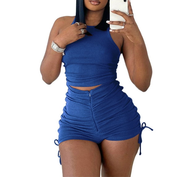 Frontwalk Women Sweatsuits Solid Color Jogger Set Sleeveless Two Piece Outfit Jogging High Waist Tracksuit Sets Crew Neck Blue XL