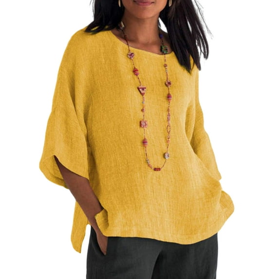 Frontwalk Women T Shirt Solid Color Summer Tops 3/4 Sleeve T-shirt Ladies Loose Tunic Blouse Crew Neck Pullover Yellow XS
