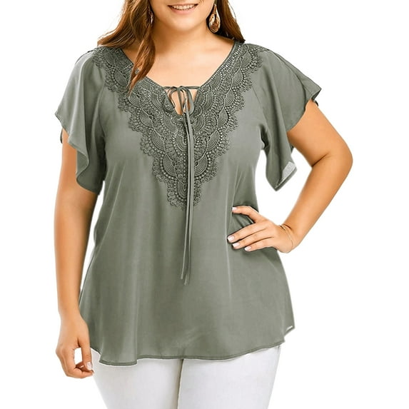 Frontwalk Women T Shirt Solid Color Tunic Blouse V Neck Chiffon Tops Summer Casual T-shirt Short Sleeve Tee Gray 5XL