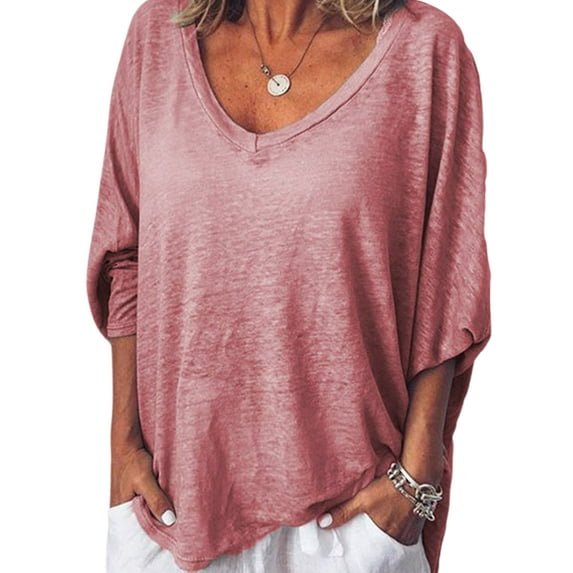 Frontwalk Women T Shirt V Neck Summer Tops 3/4 Sleeve T-shirt Ladies Soft Tunic Blouse Solid Color Tee Pink 4XL