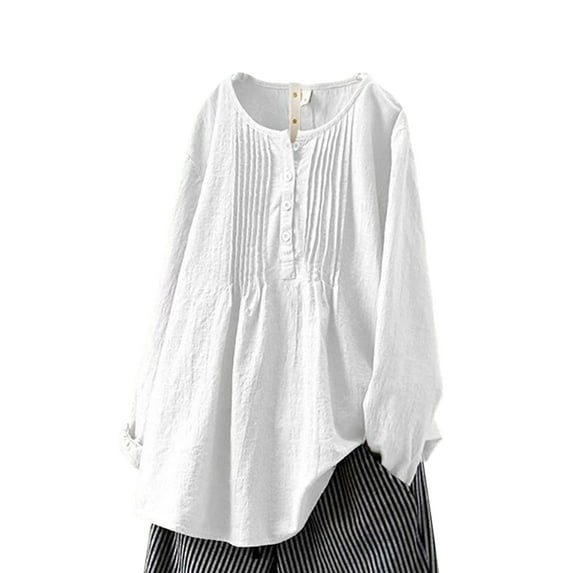 Frontwalk Women T-shirt Crew Neck Blouses Pleated Tops Ladies Loose Pullover Long Sleeve Tunic Blouse White S