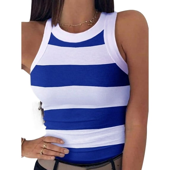 Frontwalk Women Tank Tops Racer Back Summer Top Striped T Shirts Vacation Soft Blouse Sleeveless Tee Blue S