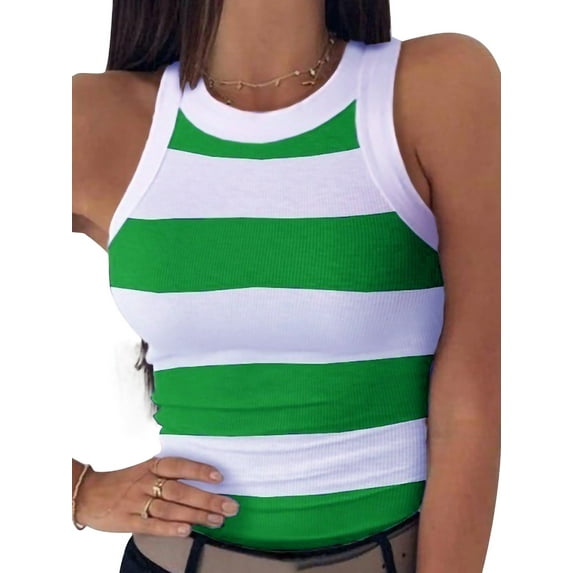 Frontwalk Women Tank Tops Racer Back Summer Top Striped T Shirts Vacation Soft Blouse Sleeveless Tee Green S