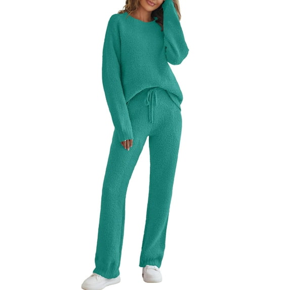 Frontwalk Women Tracksuit Set Elastic Waist Jogger Sets Solid Color Sweatshirt And Sweatpant Ladies Casual Two Piece Outfit Pocket Green 3XL