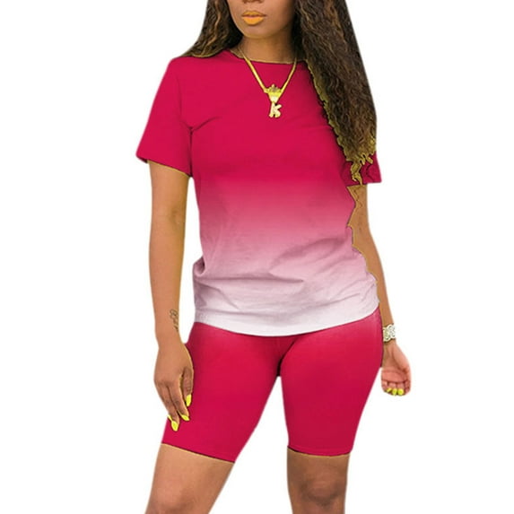Frontwalk Women Two Piece Outfit Solid Color Jogger Set Short Sleeve Sweatsuits Fitness Casual Lounge Sets Sportwear Activewear Rose Red S