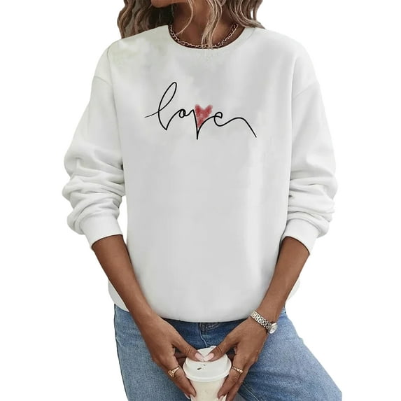 Frontwalk Women Valentine's Day Heart Print Tops LOVE Letter Print Sweatshirt Tops Round Neck Printed Long Sleeve Shirts White 2XL