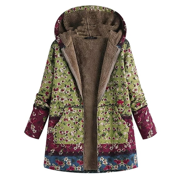 Frontwalk Women Vintage Loose Hooded Coat Floral Printed Fleeces Lining Zipper Winter Warm Parka Casual Long Coat Outwear