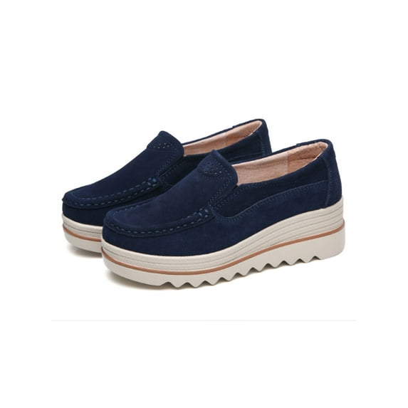 Frontwalk Women Wedge Loafer Comfort Loafers Slip On Dress Shoe Work Wear Resistant Wedges Ladies Mid Heel Walking Shoes Blue 7