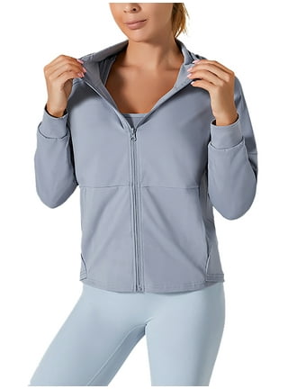 Glonme Women Track Jacket Solid Color Workout Top Long Sleeve Yoga Jackets  Fall Athletic Outwear Activewear Hooded Tunic Gray Lake Blue L 