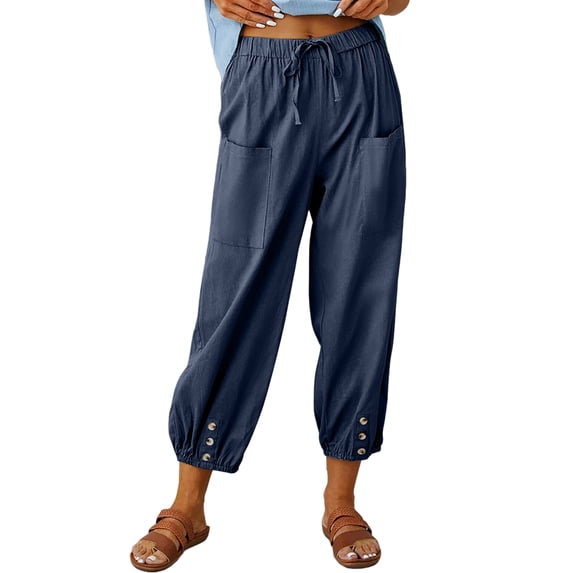 Frontwalk Women's Casual Lantern Tapered Harem Pants Loose Fit Flax Ankle Trousers Summer Baggy Slacks with Pocket Dark Blue S
