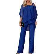 Frontwalk Women's Elegant Chiffon Pantsuits 2 Pieces Batwing Sleeve Irregular Mother of The Bride Pant Suits Wedding Guest Sets Royal Blue 2XL